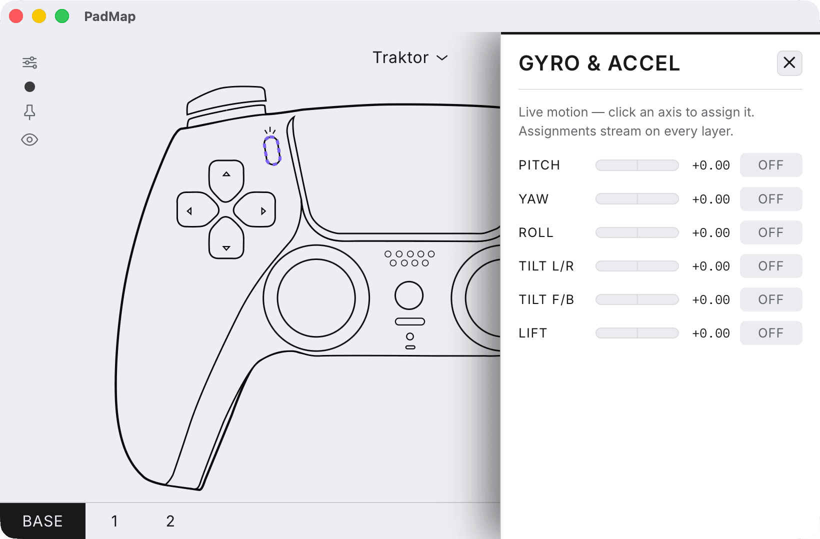 PadMap's Gyro & Accel panel listing pitch, yaw, roll, tilt left/right, tilt forward/back and lift