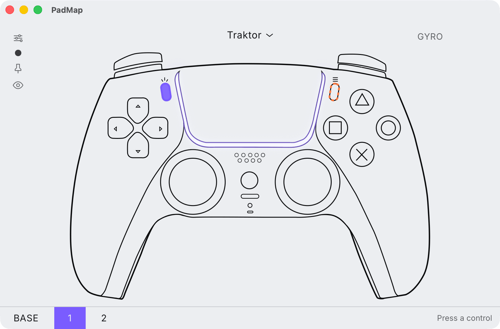 PadMap on layer 1, with the Create button and the light bar outline shown in the layer's purple