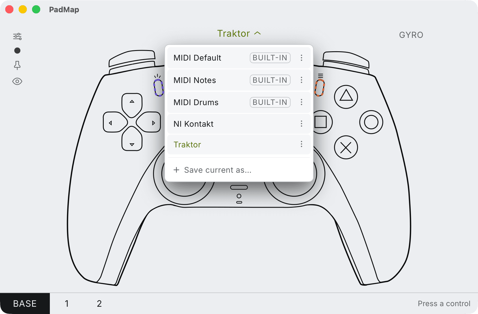 PadMap's preset menu: built-in MIDI Default, MIDI Notes and MIDI Drums presets, two saved presets and Save current as