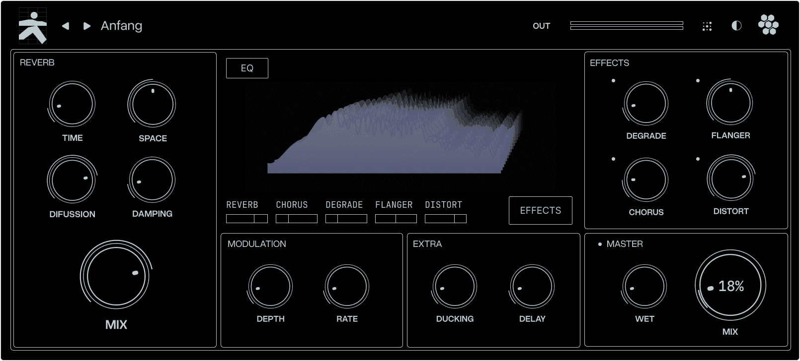 The REACH interface — reverb core, FX modules and modulation routing